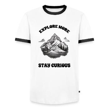 Explore more, be curious - Men's Ringer Shirt - white/black - Front - AI Model Female 172 light (172cm) & AI Model Male 178 dark (178cm)