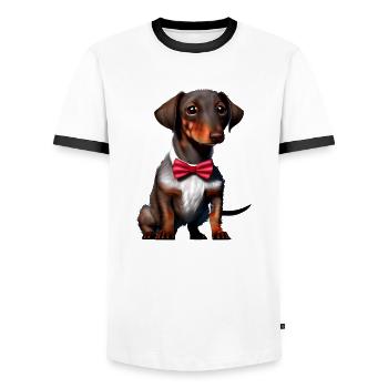 Chiot teckel Teckel avec nœud papillon Dog Dogs - T-shirt contrasté Homme - blanc/noir - Devant - AI Model Female 172 light (172cm) & AI Model Male 178 dark (178cm)
