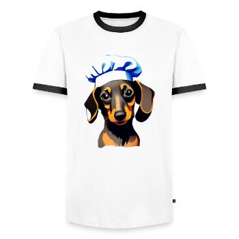 Dachshund Restaurateur Dog Dachshund Puppy Cooking Dogs - Men's Ringer Shirt - white/black - Front - AI Model Female 172 light (172cm) & AI Model Male 178 dark (178cm)