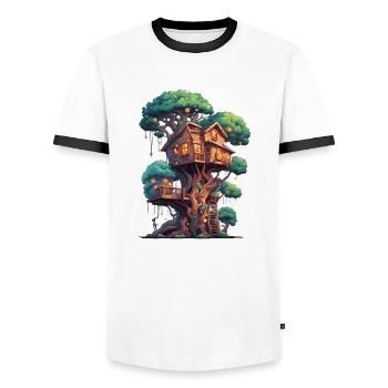 Cabane dans les arbres / Cime des arbres / Cabane dans les arbres / Aventure - T-shirt contrasté Homme - blanc/noir - Devant - AI Model Female 172 light (172cm) & AI Model Male 178 dark (178cm)