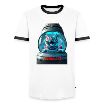 Funny cat in a UFO ship - Men's Ringer Shirt - white/black - Front - AI Model Female 172 light (172cm) & AI Model Male 178 dark (178cm)