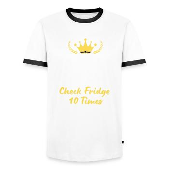 "Keep Calm and Check Fridge 10 Times" - Men's Ringer Shirt - white/black - Front - AI Model Female 172 light (172cm) & AI Model Male 178 dark (178cm)