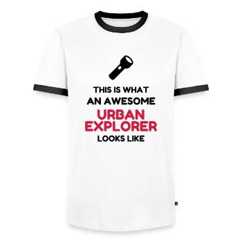 Urbex / Urban Exploration / Explorer / Cataphile - Men's Ringer Shirt - white/black - Front - AI Model Female 172 light (172cm) & AI Model Male 178 dark (178cm)