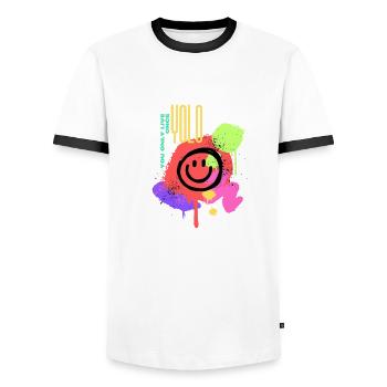 YOLO T-Shirt – Live in the moment! - Men's Ringer Shirt - white/black - Front - AI Model Female 172 light (172cm) & AI Model Male 178 dark (178cm)
