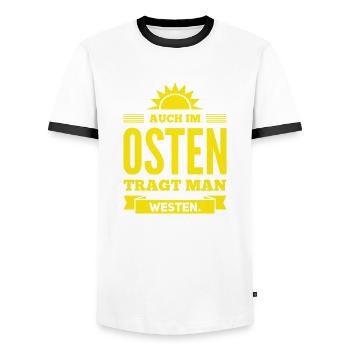Auch im OSTEN trägt man WESTEN - Nice, Funny Shirt - Männer Kontrast-T-Shirt - Weiß/Schwarz - Vorne - AI Model Female 172 light (172cm) & AI Model Male 178 dark (178cm)