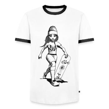 Fille qui marche avec skateboard et œil qui voit tout. - T-shirt contrasté Homme - blanc/noir - Devant - AI Model Female 172 light (172cm) & AI Model Male 178 dark (178cm)