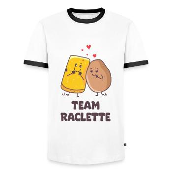 Raclette-Saison Käse- und Kartoffelhumor - Männer Kontrast-T-Shirt - Weiß/Schwarz - Vorne - AI Model Female 172 light (172cm) & AI Model Male 178 dark (178cm)
