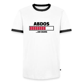 abdos en cours (v.2) - T-shirt contrasté Homme - blanc/noir - Devant - AI Model Female 172 light (172cm) & AI Model Male 178 dark (178cm)