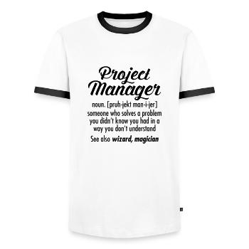 Project Manager - Definition - Men's Ringer Shirt - white/black - Front - AI Model Female 172 light (172cm) & AI Model Male 178 dark (178cm)