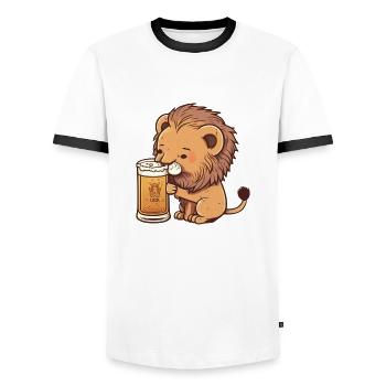 Doux petit lion avec bière - T-shirt contrasté Homme - blanc/noir - Devant - AI Model Female 172 light (172cm) & AI Model Male 178 dark (178cm)