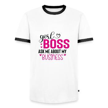 Girl Boss Ask Me About My Business - Men's Ringer Shirt - white/black - Front - AI Model Female 172 light (172cm) & AI Model Male 178 dark (178cm)