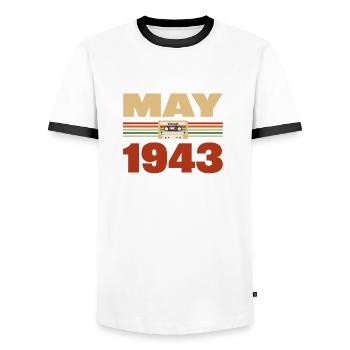 80. Geburtstag Mai Jahrgang 1943 Geschenkidee - Männer Kontrast-T-Shirt - Weiß/Schwarz - Vorne - AI Model Female 172 light (172cm) & AI Model Male 178 dark (178cm)