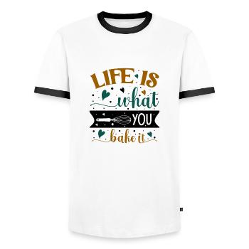 La vie est ce que vous faites cuire - T-shirt contrasté Homme - blanc/noir - Devant - AI Model Female 172 light (172cm) & AI Model Male 178 dark (178cm)
