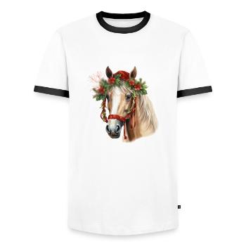Pferd mit Weihnachtsmütze, T-Shirt, Tasse - Männer Kontrast-T-Shirt - Weiß/Schwarz - Vorne - AI Model Female 172 light (172cm) & AI Model Male 178 dark (178cm)