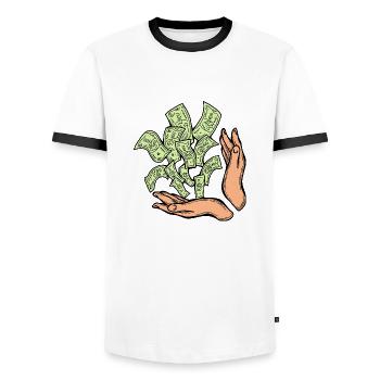 Big money flying to you for wealth and prosperity. - Men's Ringer Shirt - white/black - Front - AI Model Female 172 light (172cm) & AI Model Male 178 dark (178cm)