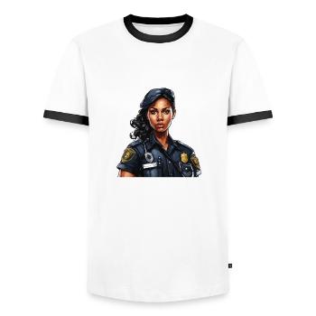 Police / Opérations / Profession / Emploi / Forces d’urgence - T-shirt contrasté Homme - blanc/noir - Devant - AI Model Female 172 light (172cm) & AI Model Male 178 dark (178cm)