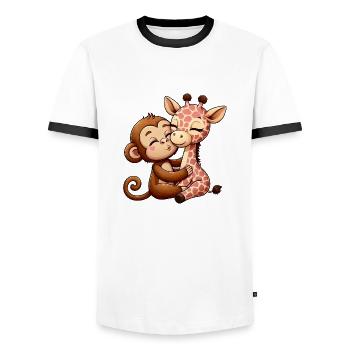 Cuddling Monkey And Giraffe In Love - Men's Ringer Shirt - white/black - Front - AI Model Female 172 light (172cm) & AI Model Male 178 dark (178cm)