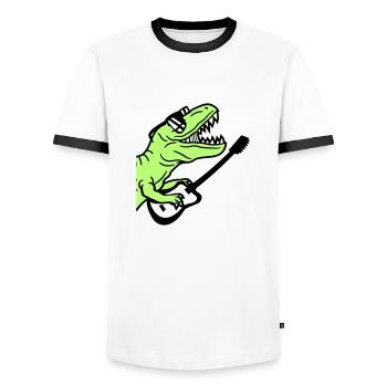 DJ Dino T-Rex Dinosaurier Gitarre Spielen Party - Männer Kontrast-T-Shirt - Weiß/Schwarz - Vorne - AI Model Female 172 light (172cm) & AI Model Male 178 dark (178cm)