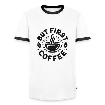 But First Coffee - Men's Ringer Shirt - white/black - Front - AI Model Female 172 light (172cm) & AI Model Male 178 dark (178cm)
