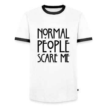 Normal people scare me. - Men's Ringer Shirt - white/black - Front - AI Model Female 172 light (172cm) & AI Model Male 178 dark (178cm)
