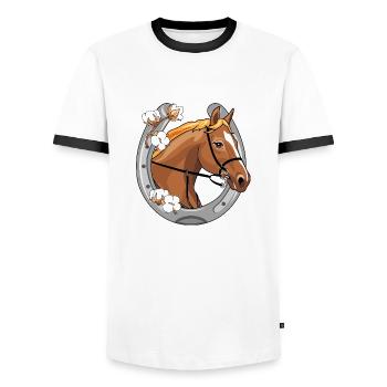 Tête de cheval avec une crinière rouge dans un cadre - T-shirt contrasté Homme - blanc/noir - Devant - AI Model Female 172 light (172cm) & AI Model Male 178 dark (178cm)