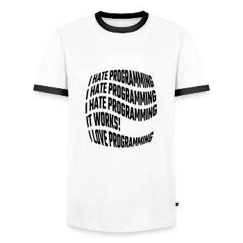 I hate programming, it works, I love programming - Men's Ringer Shirt - white/black - Front - AI Model Female 172 light (172cm) & AI Model Male 178 dark (178cm)