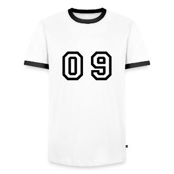 number - 09 - zero nine - Men's Ringer Shirt - white/black - Front - AI Model Female 172 light (172cm) & AI Model Male 178 dark (178cm)
