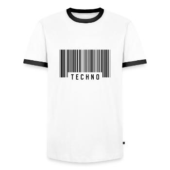 TECHNO - Men's Ringer Shirt - white/black - Front - AI Model Female 172 light (172cm) & AI Model Male 178 dark (178cm)