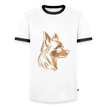 Chihuahua, longhair, dog head, drawing bronze - Men's Ringer Shirt - white/black - Front - AI Model Female 172 light (172cm) & AI Model Male 178 dark (178cm)