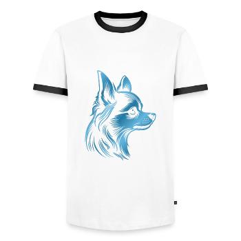 Chihuahua, Long Hair, Dog Head, Blue Drawing - Men's Ringer Shirt - white/black - Front - AI Model Female 172 light (172cm) & AI Model Male 178 dark (178cm)