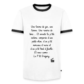 Le p'tit Grégory - C'est arrivé près de chez vous - T-shirt contrasté Homme - blanc/noir - Devant - AI Model Female 172 light (172cm) & AI Model Male 178 dark (178cm)