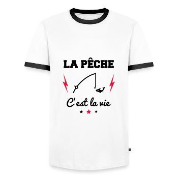 Fishing is life, fishing gift, fishing - Men's Ringer Shirt - white/black - Front - AI Model Female 172 light (172cm) & AI Model Male 178 dark (178cm)