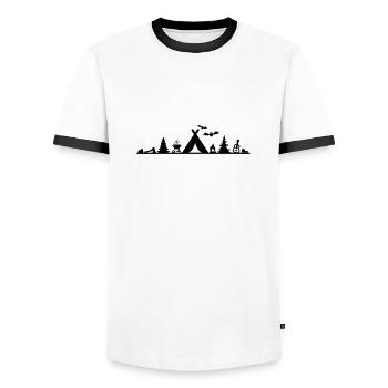 Freizeit - Camping Zelten Wald - Männer Kontrast-T-Shirt - Weiß/Schwarz - Vorne - AI Model Female 172 light (172cm) & AI Model Male 178 dark (178cm)