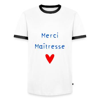 MAÎTRESSE. MERCI. MERCI MAÎTRESSE - T-shirt contrasté Homme - blanc/noir - Devant - AI Model Female 172 light (172cm) & AI Model Male 178 dark (178cm)