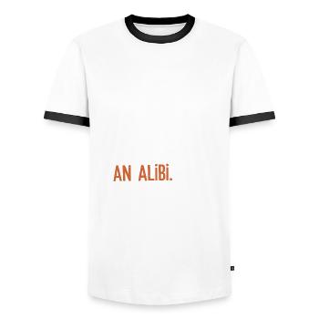 Nur hier, um ein Alibi zu schaffen – Lustig - Männer Kontrast-T-Shirt - Weiß/Schwarz - Vorne - AI Model Female 172 light (172cm) & AI Model Male 178 dark (178cm)