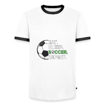 Eat Sleep Soccer Repeat - Soccer Player - Men's Ringer Shirt - white/black - Front - AI Model Female 172 light (172cm) & AI Model Male 178 dark (178cm)