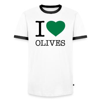 I LOVE OLIVES Oliven - Männer Kontrast-T-Shirt - Weiß/Schwarz - Vorne - AI Model Female 172 light (172cm) & AI Model Male 178 dark (178cm)