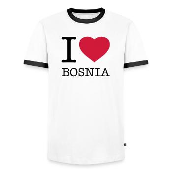 I LOVE BOSNIA Bosnien und Herzegowina - Männer Kontrast-T-Shirt - Weiß/Schwarz - Vorne - AI Model Female 172 light (172cm) & AI Model Male 178 dark (178cm)