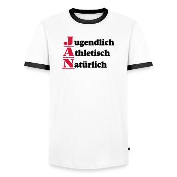 Jan , Vorname,Namensschild,Name,Fun Shirt (25) - Männer Kontrast-T-Shirt - Weiß/Schwarz - Vorne - AI Model Female 172 light (172cm) & AI Model Male 178 dark (178cm)