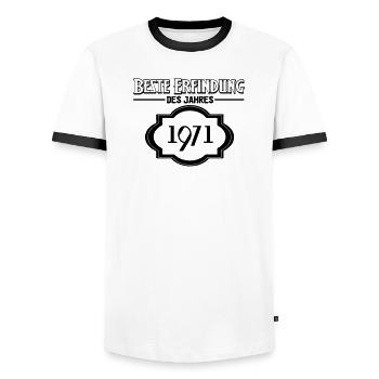 Beste Erfindung des Jahres 1971 Geschenk - Männer Kontrast-T-Shirt - Weiß/Schwarz - Vorne - AI Model Female 172 light (172cm) & AI Model Male 178 dark (178cm)