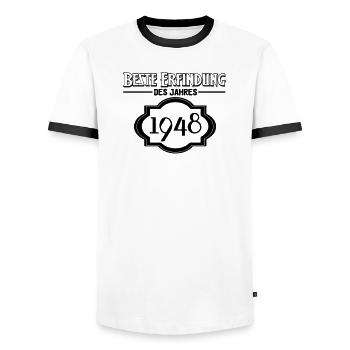 Beste Erfindung des Jahres 1948 Geschenk - Männer Kontrast-T-Shirt - Weiß/Schwarz - Vorne - AI Model Female 172 light (172cm) & AI Model Male 178 dark (178cm)