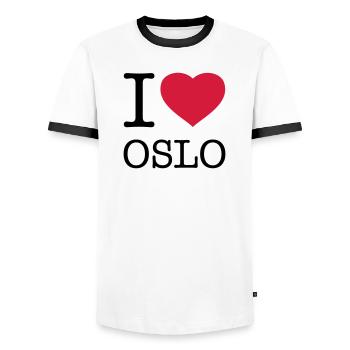 I LOVE OSLO Norway - Men's Ringer Shirt - white/black - Front - AI Model Female 172 light (172cm) & AI Model Male 178 dark (178cm)