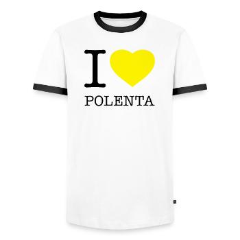I LOVE POLENTA Mais - Männer Kontrast-T-Shirt - Weiß/Schwarz - Vorne - AI Model Female 172 light (172cm) & AI Model Male 178 dark (178cm)