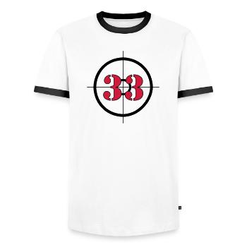 Represents: 33 (V) - Men's Ringer Shirt - white/black - Front - AI Model Female 172 light (172cm) & AI Model Male 178 dark (178cm)