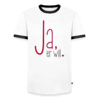 Ja er will - Junggesellenabschied Junggeselle - Männer Kontrast-T-Shirt - Weiß/Schwarz - Vorne - AI Model Female 172 light (172cm) & AI Model Male 178 dark (178cm)