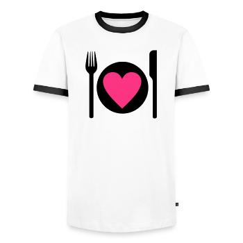 eat - Men's Ringer Shirt - white/black - Front - AI Model Female 172 light (172cm) & AI Model Male 178 dark (178cm)