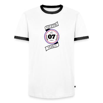 Fier D'être Du 07 Ardèche France - T-shirt contrasté Homme - blanc/noir - Devant - AI Model Female 172 light (172cm) & AI Model Male 178 dark (178cm)