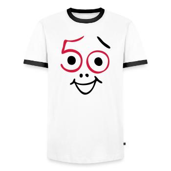 50 years old and still fresh! - Men's Ringer Shirt - white/black - Front - AI Model Female 172 light (172cm) & AI Model Male 178 dark (178cm)