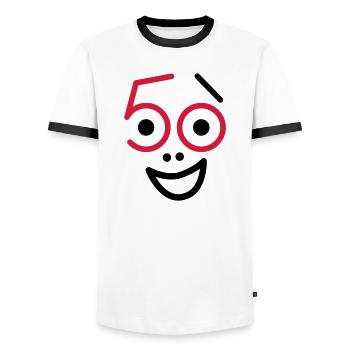 50 Jahre und noch frisch ! - Männer Kontrast-T-Shirt - Weiß/Schwarz - Vorne - AI Model Female 172 light (172cm) & AI Model Male 178 dark (178cm)