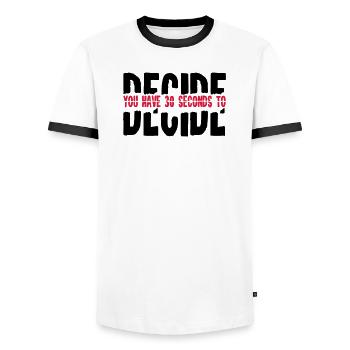 2541614 15682855 decide - Men's Ringer Shirt - white/black - Front - AI Model Female 172 light (172cm) & AI Model Male 178 dark (178cm)